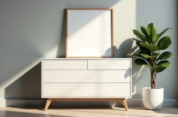 A white chest of drawers against a gray wall . Modern light furniture. Interior design