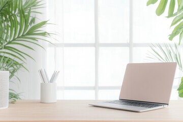Fototapeta premium minimalistic and modern office desk setup with sleek laptop on wooden table surrounded by greenery for touch of nature