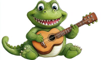 Fototapeta premium Cute Cartoon Dinosaur Playing Ukulele with Joyful Expression