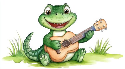 Fototapeta premium Cheerful cartoon lizard playing guitar in a grassy landscape