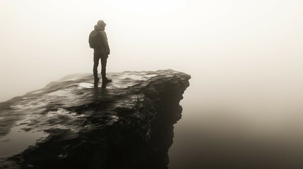Man silhouette stay on sharp rock peak in the fog. Epic bw photo with perfect composition