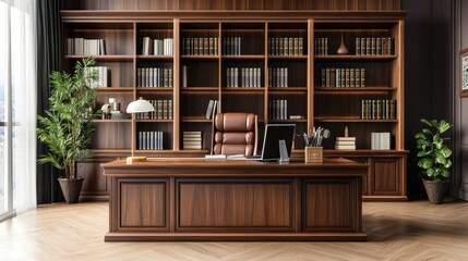 Elegant Home Office with Wooden Bookcases and Desk