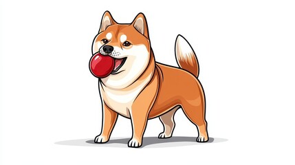 Happy Shiba Inu Dog Holding Red Ball in Playful Pose