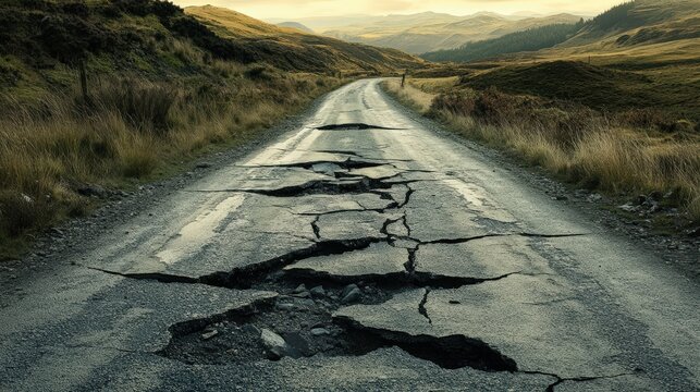 Severely Damaged Road Through Highland Landscape