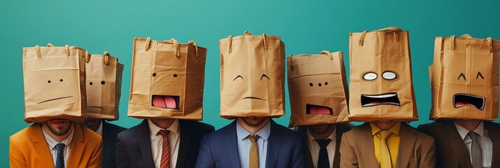 A group of people wearing paper bags with different funny facial expressions stand against a teal background, showcasing humor, anonymity, and creative expression.