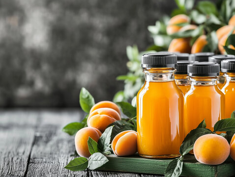 A small 33cl orange syrup bottles placed on an old green-painted wooden barrel, surrounded by large, ripe apricots. The vibrant colors of the syrup and fruit create an inviting and fresh atmosphere