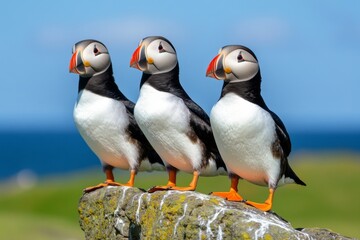 Fototapeta premium A group of puffins nesting on a remote coastal cliffside, overlooking the deep blue sea
