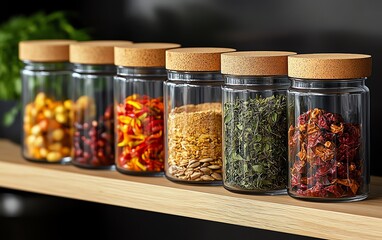 Kitchen display featuring glass jars with cork lids filled with colorful spices and herbs on a lightcolored wooden shelf