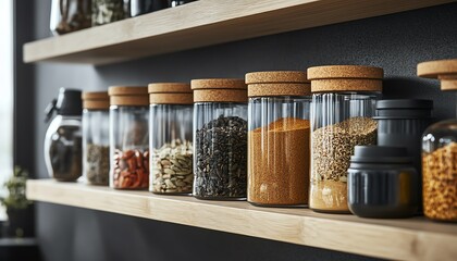 Minimalistic kitchen display with jars of colorful spices