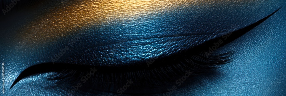 Poster close up of a beautifully applied eyeliner on an eye with shimmering blue and gold tones. generative