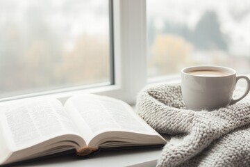 peaceful morning routine with open book cup of coffee and cozy blanket on windowsill soft natural lighting highlighting