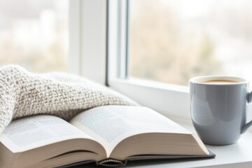 Fototapeta premium peaceful morning routine with open book cup of coffee and cozy blanket on windowsill soft natural lighting highlighting