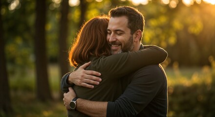 Fototapeta premium Couple embracing each other in a warm hug, sharing joy and support in a sunlit forest