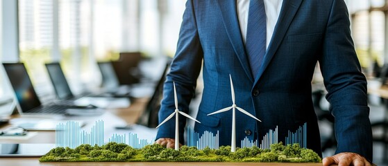 Business leader analyzing renewable energy solutions in modern office environment closeup gigapixel visualization