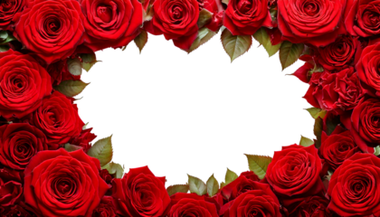 Frame of luxurious red roses in full bloom, with soft petals and green leaves, cut out. Perfect for wedding, valentine's day, mother's day greeting cards