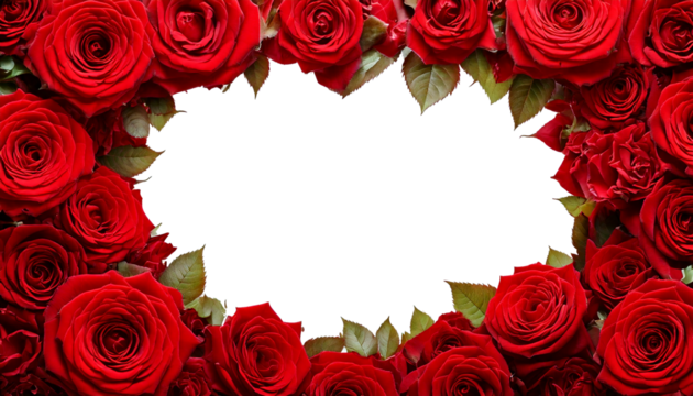 Frame of luxurious red roses in full bloom, with soft petals and green leaves, cut out. Perfect for wedding, valentine's day, mother's day greeting cards