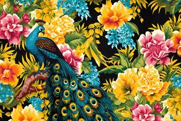 Fototapeta premium Hawaiian peacocks pattern animal flower.