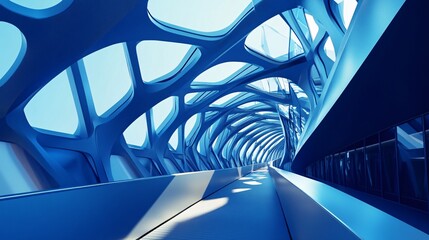 Fototapeta premium Futuristic Blue Architecture Bridge Geometric Design Urban Cityscape Modern Landscape Abstract Skyline Contemporary Building Exterior