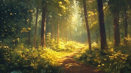 Fototapeta premium sunlit forest path magical woodland scene