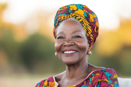 portrait of smiling elderly woman wearing traditional african clothing sitting outdoors with vibrant headwrap radiating