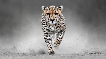Fototapeta premium Powerful Cheetah Sprinting Across Dusty Terrain in Dynamic Motion Shot