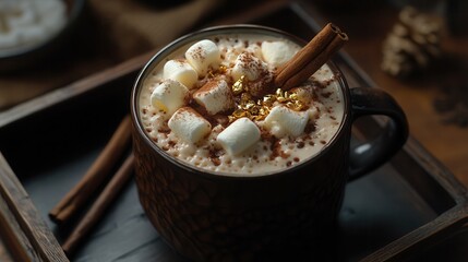 a cup of hot chocolate topped with caramelized marshmallows, edible gold flakes, and a cinnamon stick, presented on a dark wooden tray. 