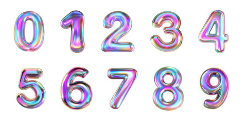 Glossy holographic iridescent numbers from balloons on transparent background