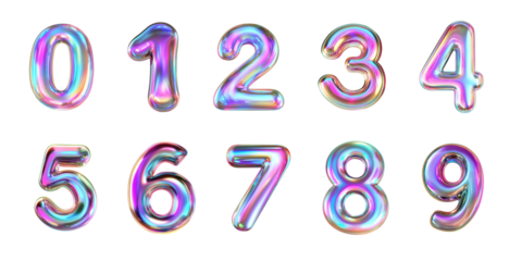 Glossy holographic iridescent numbers from balloons on transparent background