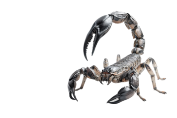Magnificent scorpion with curved tail and powerful claws in striking defensive position