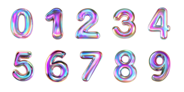 Glossy holographic iridescent numbers from balloons on transparent background