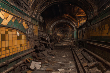 Desolate corridor filled with discarded machinery and debris from an abandoned industrial site