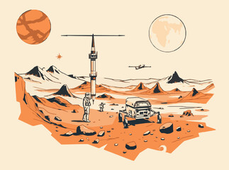 Naklejka premium Conceptual Art of Mars Colonization Mission