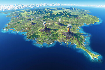 Volcanic activity dramatically reshaping the landscape of the Hawaiian Islands with eruptions and lava flows