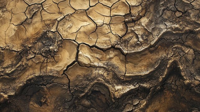 a detailed view of cracked dry earth, with sharp patterns of parched soil in earthy brown tones. 