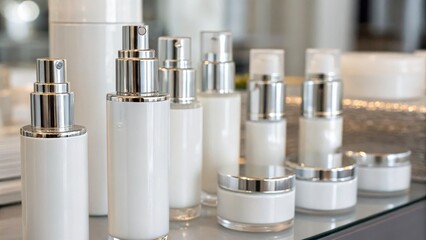 A collection of elegant white cosmetic containers with silver accents displayed on a glass surface, emphasizing beauty and luxury.