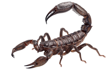 Detailed closeup of a scorpion with raised tail and pincers in defensive position