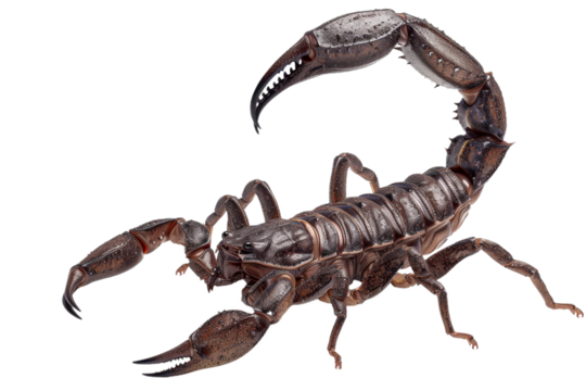 Detailed closeup of a scorpion with raised tail and pincers in defensive position
