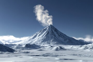 Volcanic Majesty: A majestic snow-capped volcano exhales a plume of white smoke against a clear, azure sky, creating a dramatic spectacle of nature's power.
