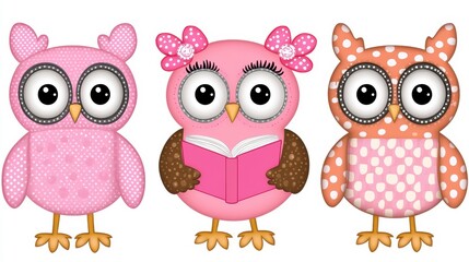 Obraz premium Cute Cartoon Owls with Pink Accents and Fun Accessories for Kids