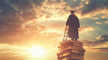 A scholar in graduation robes climbing a book-shaped ladder into a golden sunrise, representing academic success.