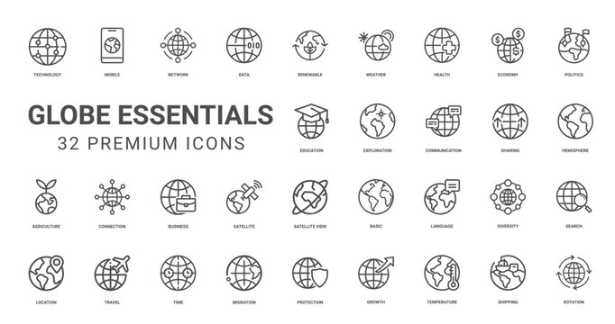 set premium icons globe essentials, satellite business basic view
