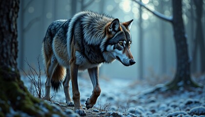 Fototapeta premium Wild wolf walking through a snowy forest with a mysterious atmosphere