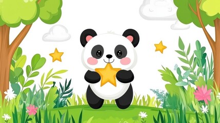 Obraz premium Cute Cartoon Panda Holding Star in Lush Green Forest Background