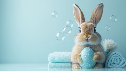 Obraz premium Cute Easter bunny surrounded by towels, bath products, holds Easter egg in a bathroom setting. Easter greetings from wellness and spa salon. Happy Easter. With copy space