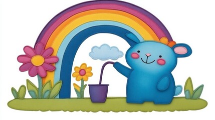 Fototapeta premium Cute Blue Bear with Rainbow and Flowers in Whimsical Design