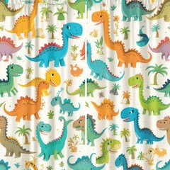 "Seamless pattern of cute dinosaurs, cartoon style, vibrant colors, light background, playful, for kids' room curtains." Generated AI
