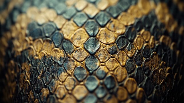 a macro shot of exotic animal skin, such as a snake or crocodile, showing its unique scales and patterns. 