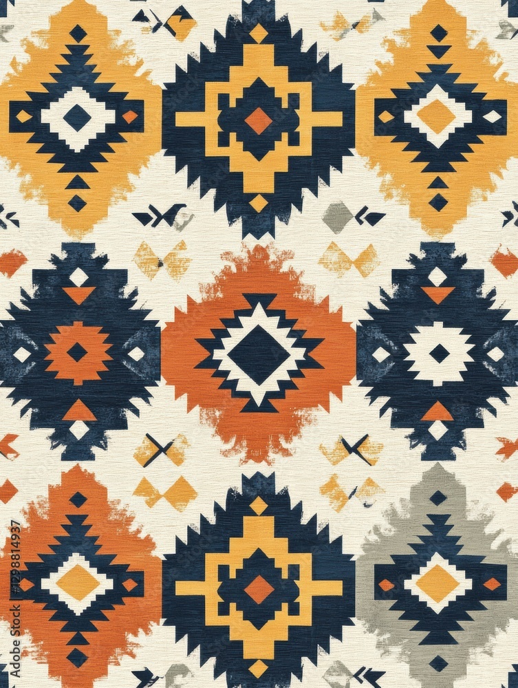 Poster colorful geometric patterns and designs on textile fabric featuring bold shapes and vibrant hues. ge