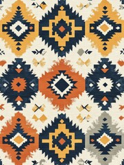 Colorful geometric patterns and designs on textile fabric featuring bold shapes and vibrant hues. Generative AI