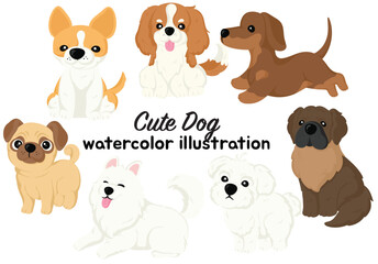 Watercolor illustration of adorable dog breeds in a cute and artistic hand-painted style